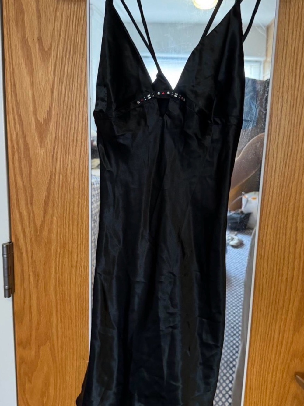 American Vintage Black Satin Mini Dress with Strappy V-Neck